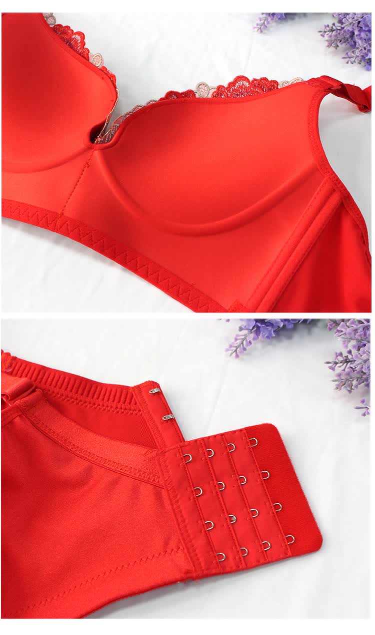 女本命年结婚新娘文胸套装无钢圈小胸聚拢收副乳上托红色文胸大红90d