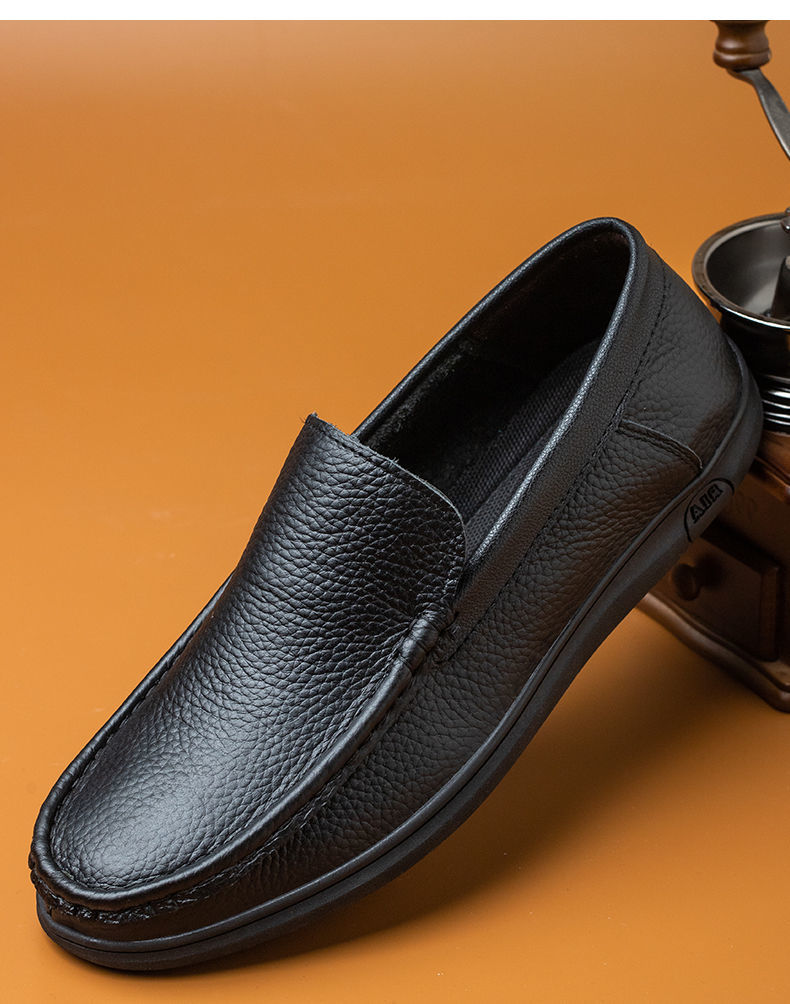 单层牛皮男鞋素人风格软皮软底男士真眞皮透气一脚蹬套脚商务休闲皮鞋