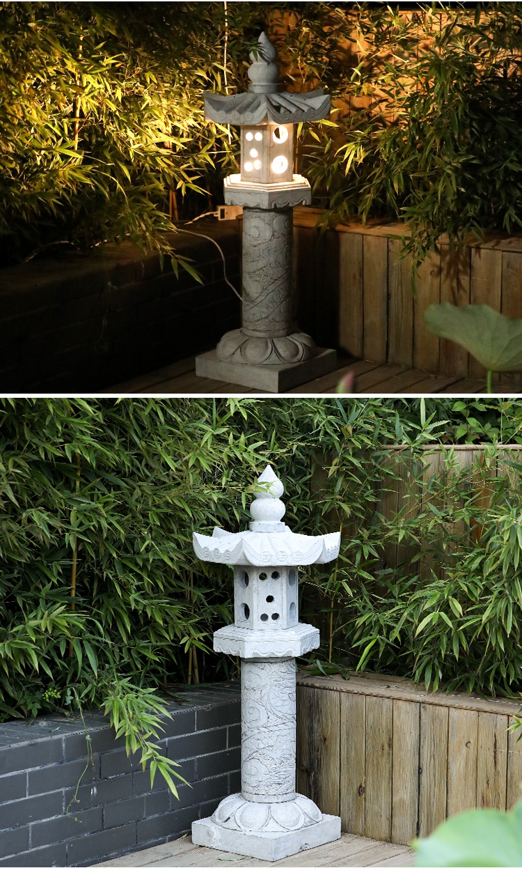 聚杨石雕灯笼日式庭院灯仿古青石灯花园景观户外草坪落地太阳能石头灯