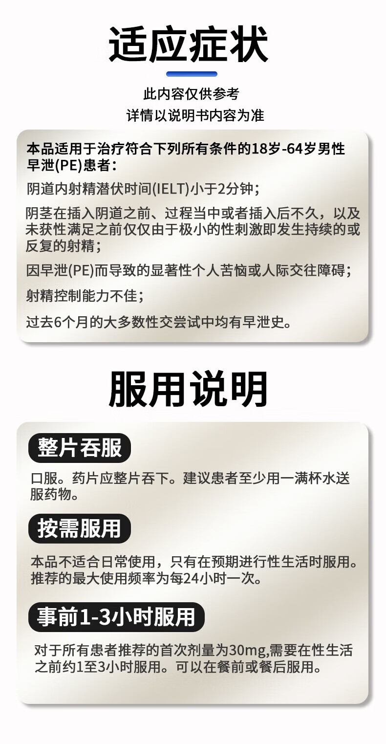 配持久礼白云山艾而久盐酸达泊西汀片30mg*1片/6片治疗男性国产早泄