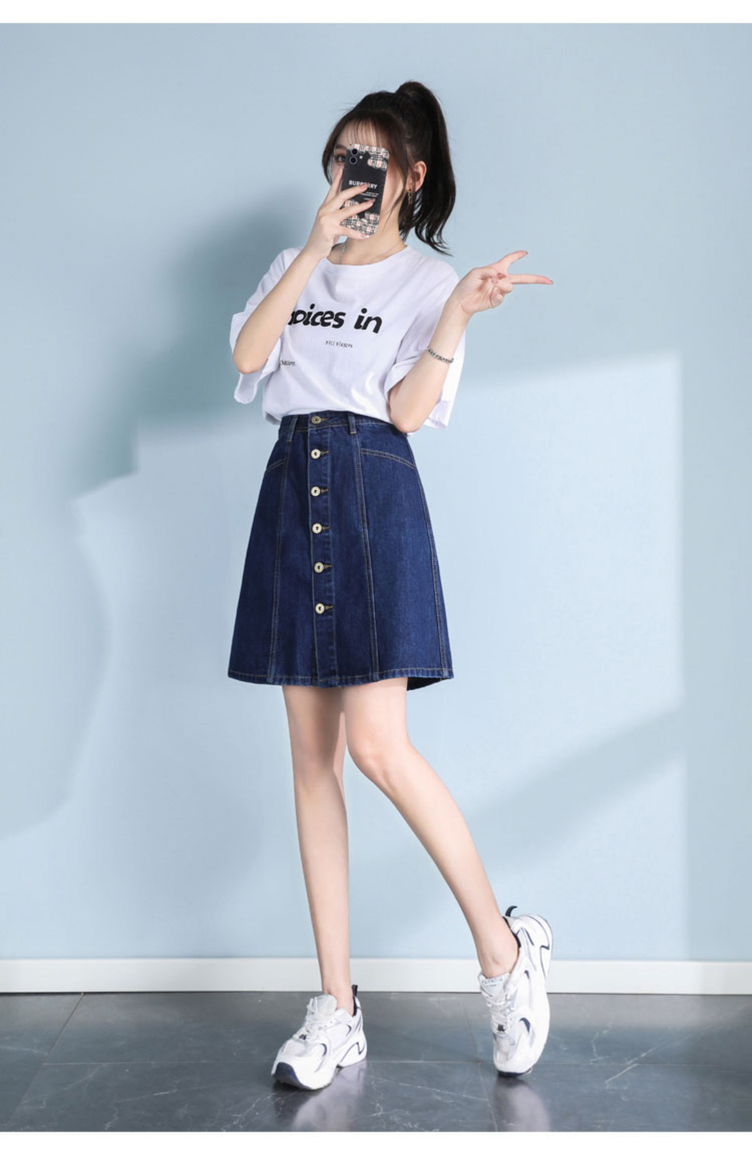 mirzamirror高腰蓝色牛仔短裙女2022年夏季夏新款a字裙显瘦运动风黑色