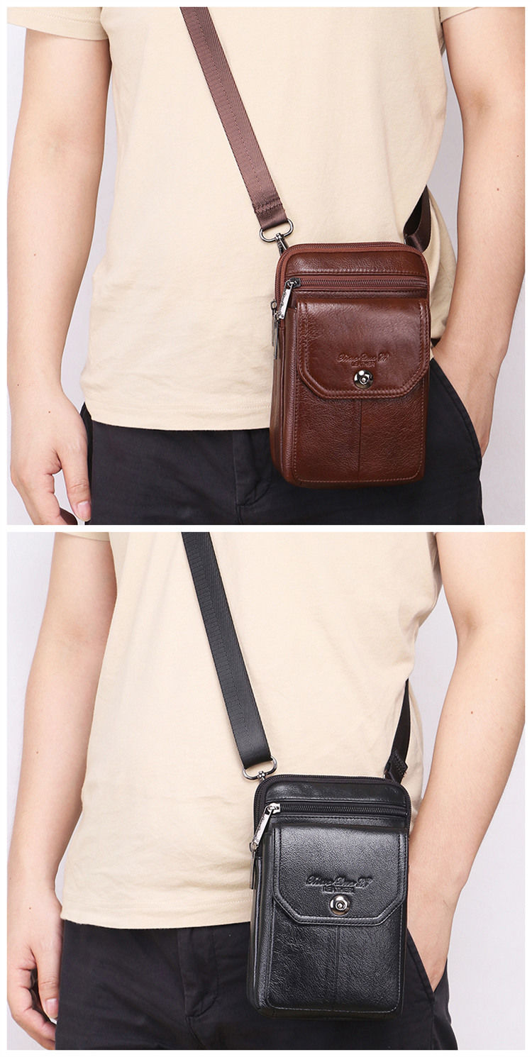 男士真皮迷你7英寸小包单肩斜挎背包牛皮手机包挂包手机腰包穿皮带款1