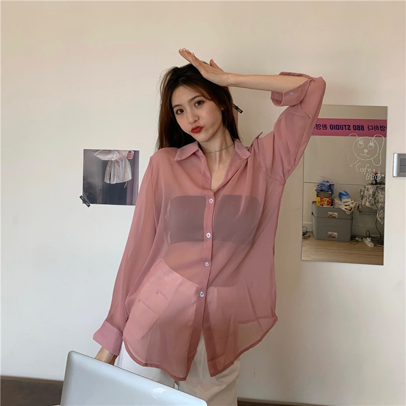 夏季新品夏天半透明衬衫女雪纺外穿夏季宽松垂感透视薄款衬衣外套豆沙
