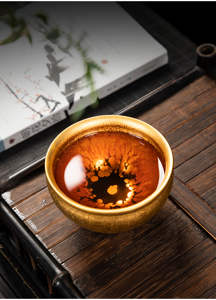 eojq纯手工鎏金茶盏24k金油滴金色建盏主人杯黄金盏高端礼品陶瓷茶杯