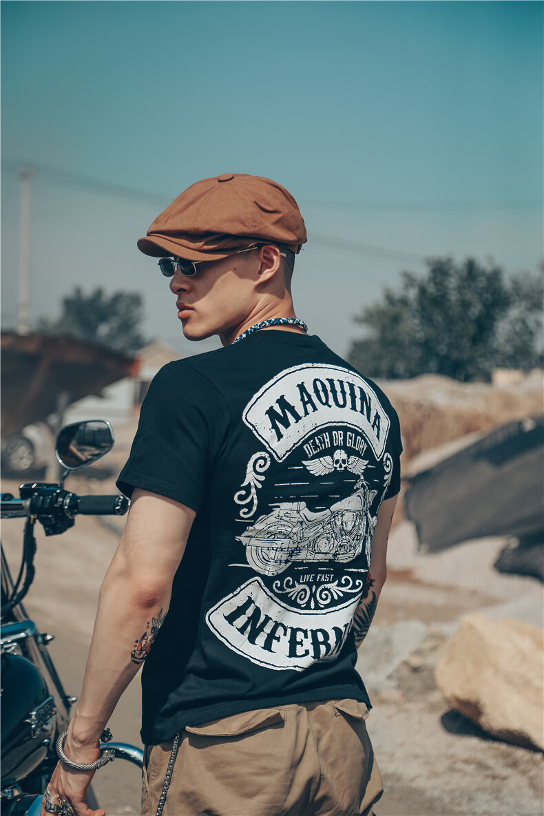 夏季哈雷骑行服装欧美机车短袖t恤男摇滚美式复古健身摩托车水洗印花