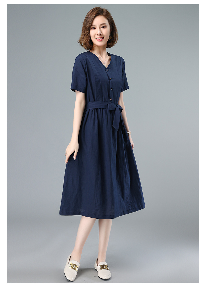 中长款女装亚麻裙子休闲文艺气质收腰棉麻连衣裙显瘦减龄新品红色xl