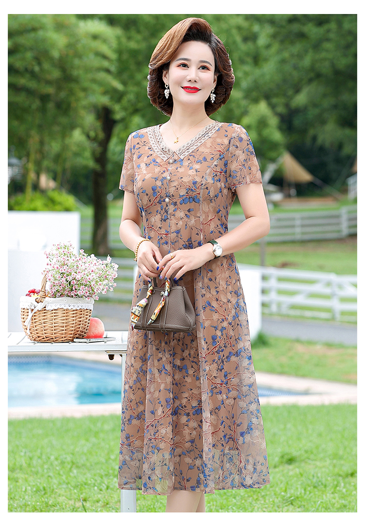 素订高端妈妈夏装雪纺碎花连衣裙中年女士气质女装50岁阔太太洋气网纱