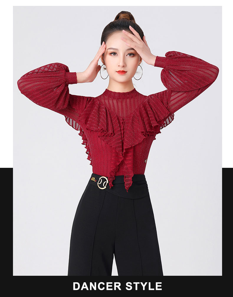 女士交谊舞上衣长袖吉特巴演出服新款三步踩舞服装拉丁舞上装衣韩国银