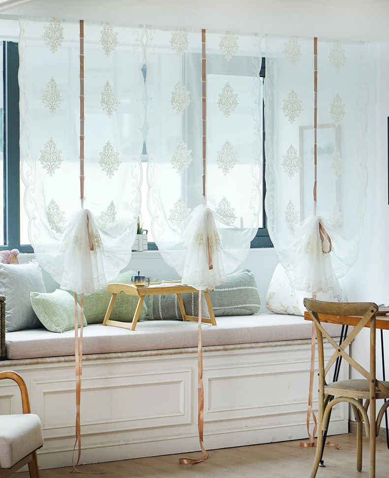 魅谊欧式气球帘田园小清新刺绣成品提拉帘罗马帘客厅半帘升降帘窗帘