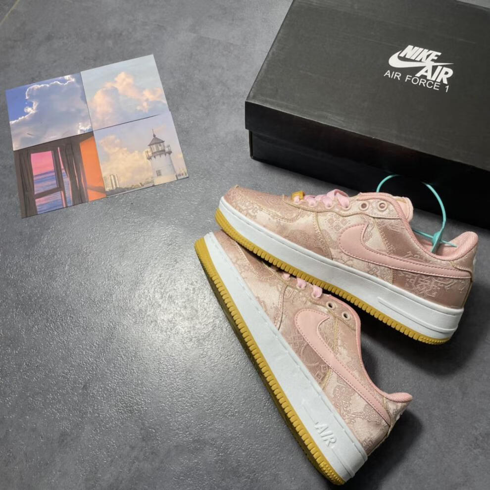 莆田纯原af1空军一号白丝绸陈冠希联名粉丝绸可撕可刮男女休闲板鞋 粉