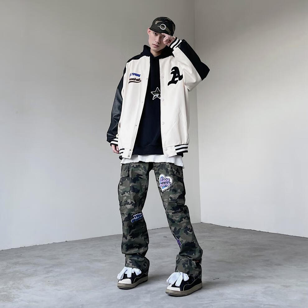 黑白述 美式复古pu皮字母刺绣棒球服男潮牌vibe风拼色夹克外套 黑色