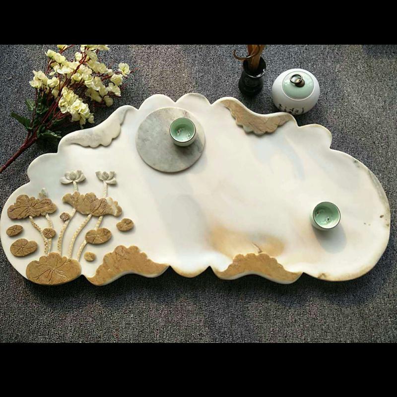 手工雕刻石头茶盘排水大小号易水石头茶台石雕过年送礼荷叶款式7035