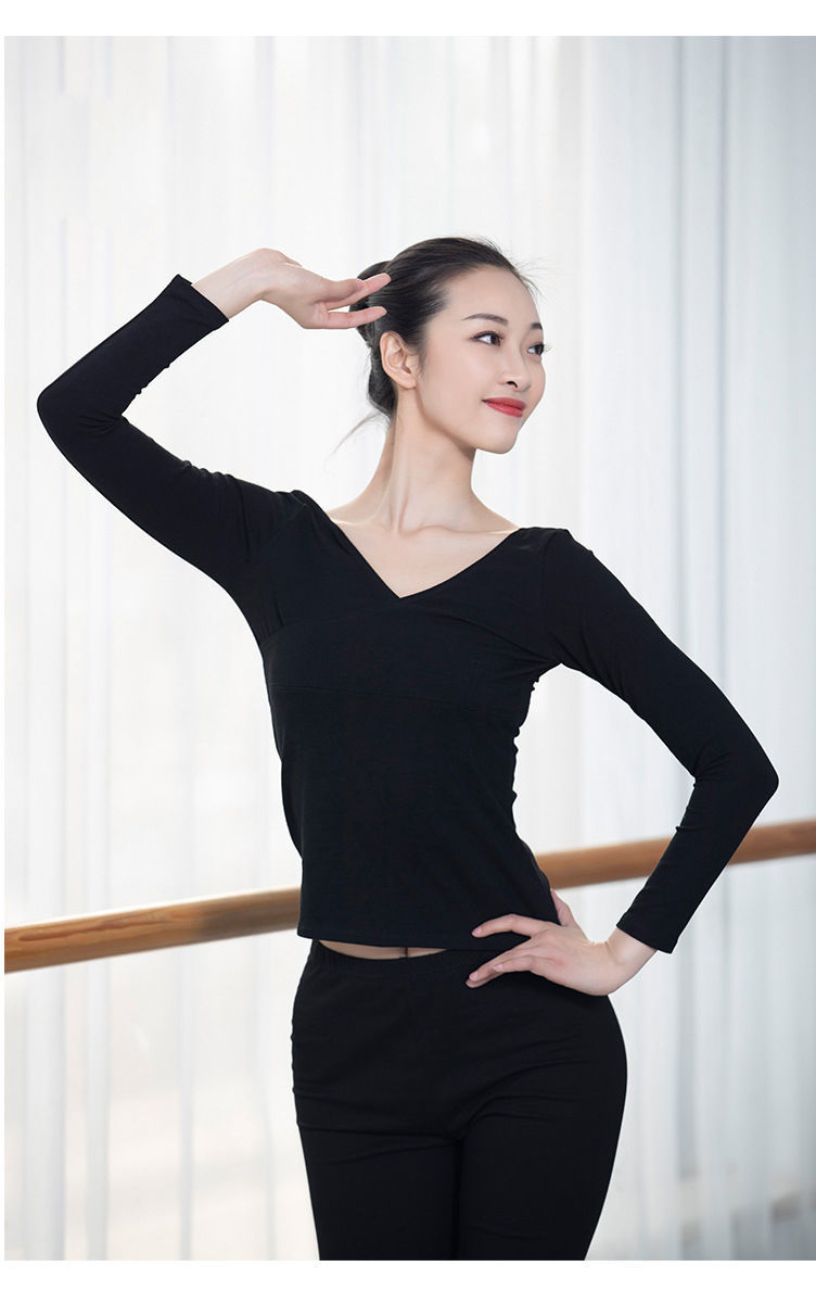 服装现代芭蕾舞蹈服装练功服女长袖艺考基训服上衣成人交叉v领形体服