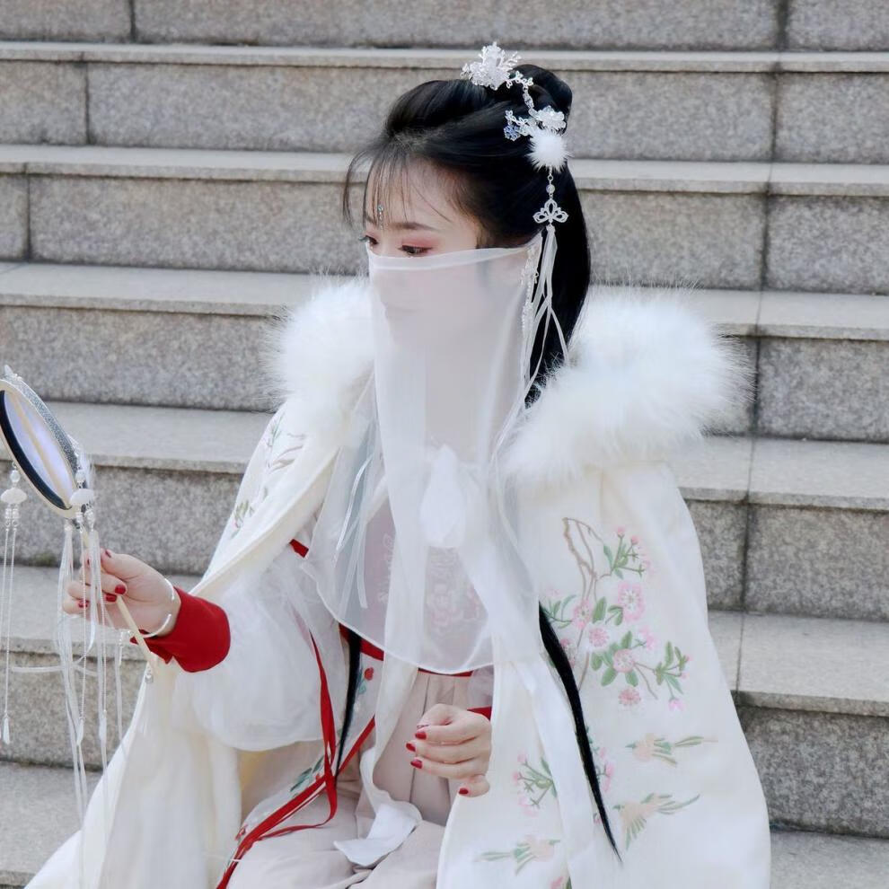 lucaly面纱古风古风遮容纱雪纺长方形系带面纱防晒神器古装写真配饰