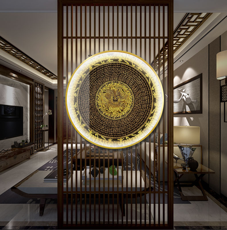 高端轻奢玄关圆形中式led带灯中堂挂画藏式唐卡声控夜光装饰画发光