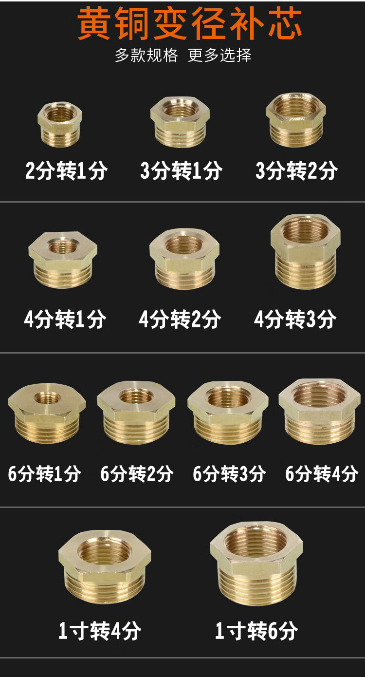 铜头变径水管接头1寸变6分变4分转2分内外牙补心芯大管变小管6分转3分