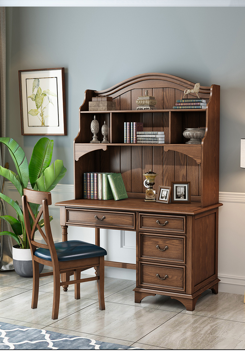 美式全书桌书架组合简约现代电脑桌家用欧式一体书柜家具11m浅胡桃是