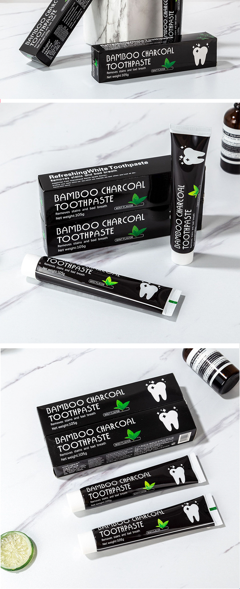 4支装bamboo沥青竹炭牙膏椰子壳活性炭黑色女生男士专用黑炭竹碳网红