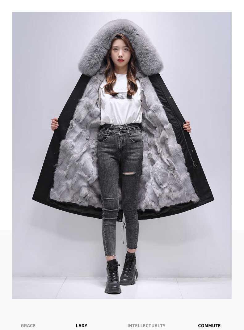 外套女中长款2022冬季年轻款派克大衣 中长款黑外壳本色狐狸毛内胆 l