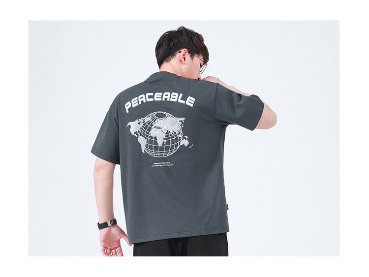 gwit九尾同款 男士peaceable夏季新款宽松体恤半袖潮牌纯棉t恤 深灰色
