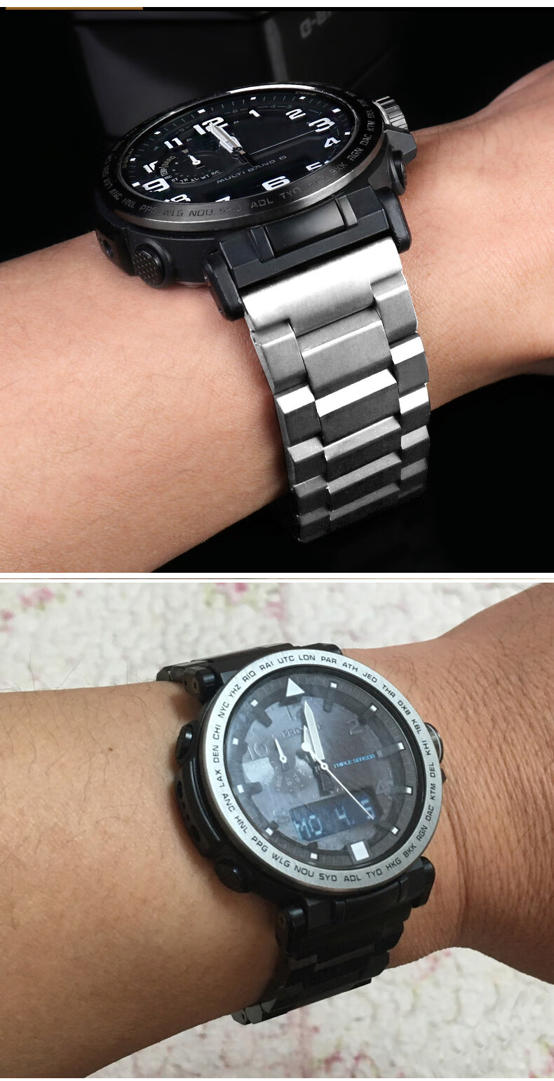 不锈精钢表带适配卡西欧prg600ybprg650prw6600手表带24mm粗网搭扣款