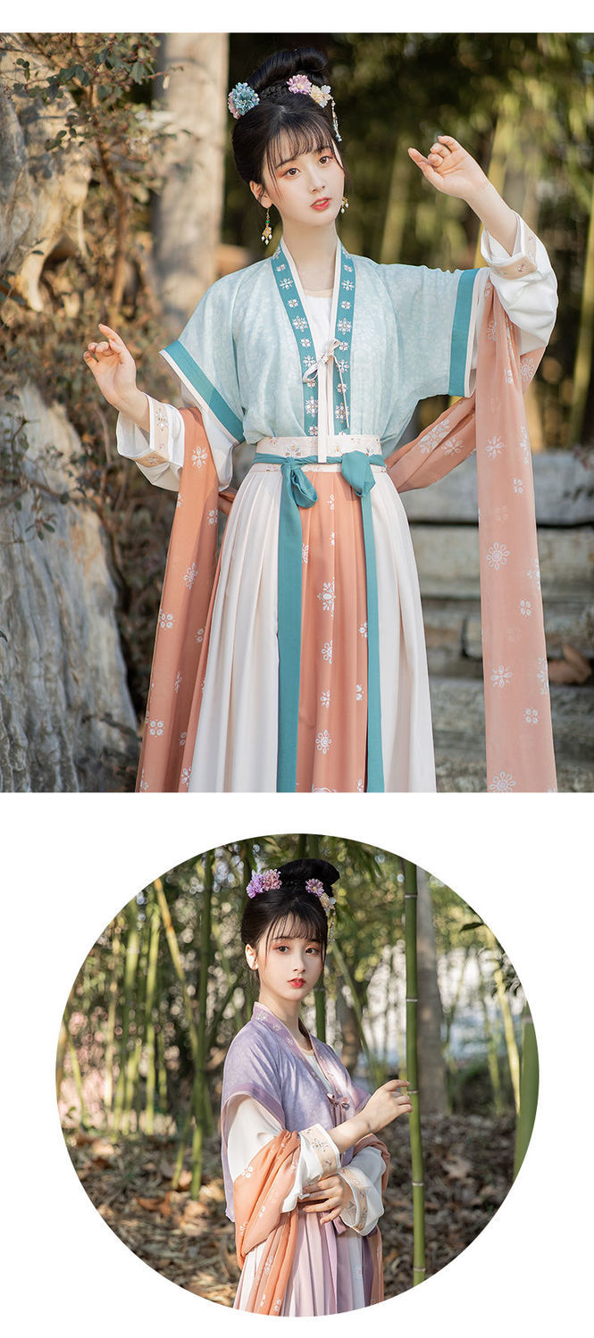 春:陌上歌唐制直领半袖背子圆领衫褶裙改良汉服女春夏 圆领衫 现货 s