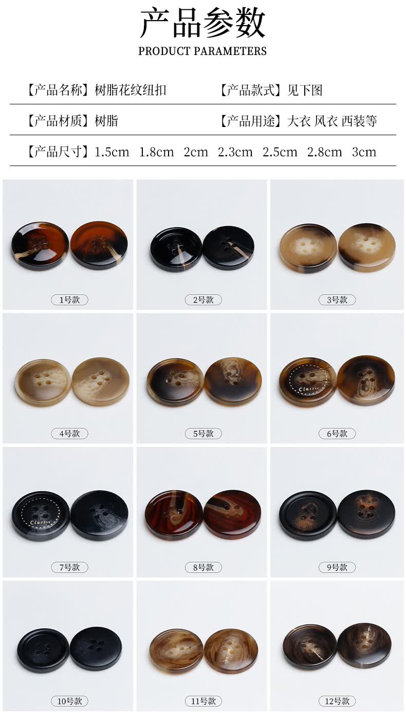 羊绒大衣扣子纽扣风衣钮扣大全黑色毛衣西装衣服树脂扣子配件 4号