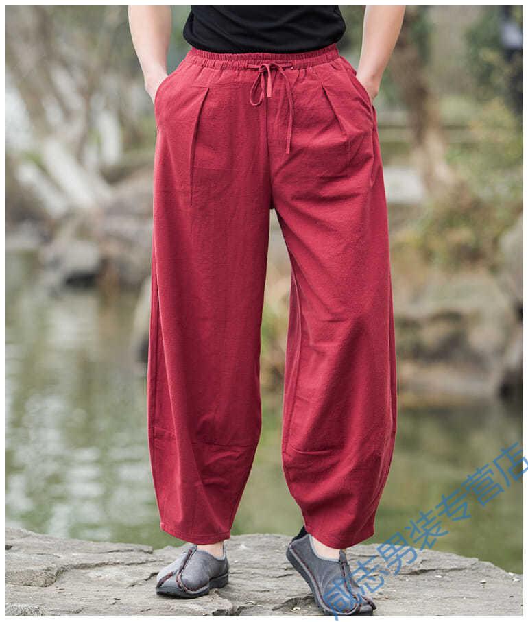 夏季中国风男装亚麻休闲裤男士棉麻灯笼裤宽松大码复古阔腿长裤子酒