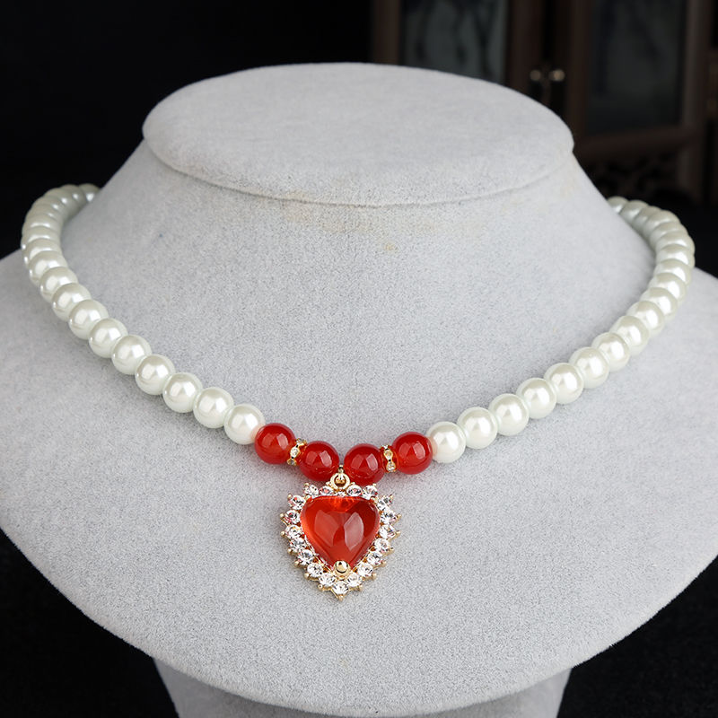 三件套珍珠项链女韩版简约中老年送妈妈母亲节礼物百搭保色 椭圆红色