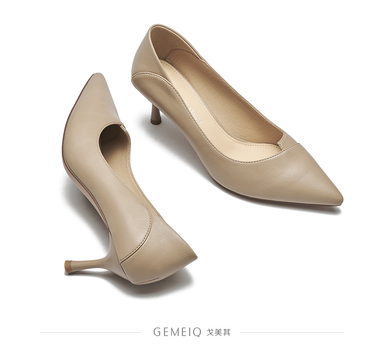 戈美其浅口尖头细跟单鞋女简约职业工作高跟鞋女鞋 米白色 36【图片