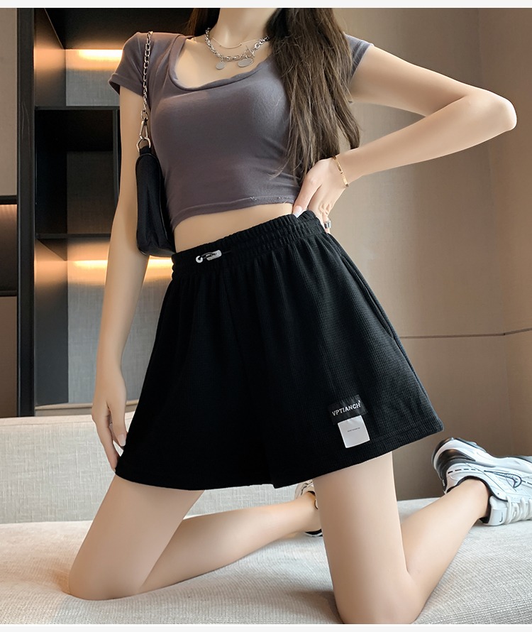 x华夫格运动短裤女2022夏薄款高腰显瘦阔腿热裤宽松休闲短裤j510黑色m