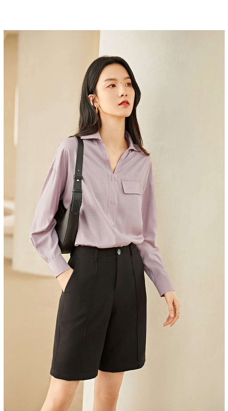 对白长袖衬衫女 2021夏新款宽松版型舒适落肩半开领亲肤透气女装上衣