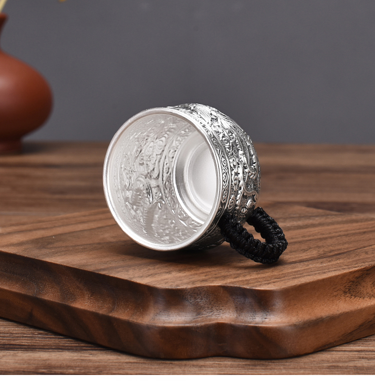 祥瑞凰 999足银茶杯百福龙凤银杯子侧把手 水杯功夫茶具主人杯茶道