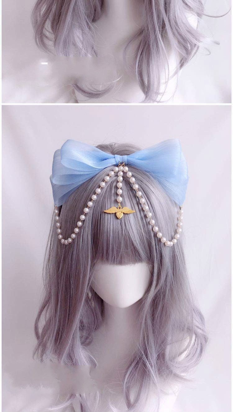 手作洛丽塔发箍头饰华丽双层蝴蝶结珠链kc配天使柄天使之书发饰酒红色