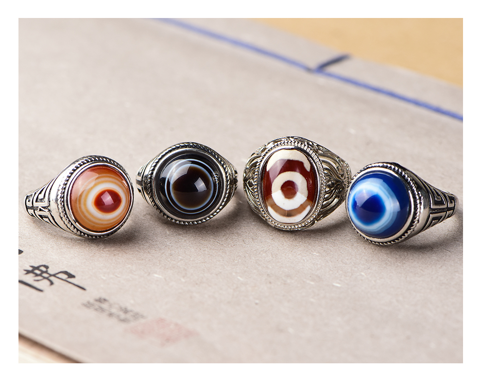 藏式天珠玛瑙戒指男士羊眼板珠复古个性简约活口天眼玛瑙指环女_碧笛