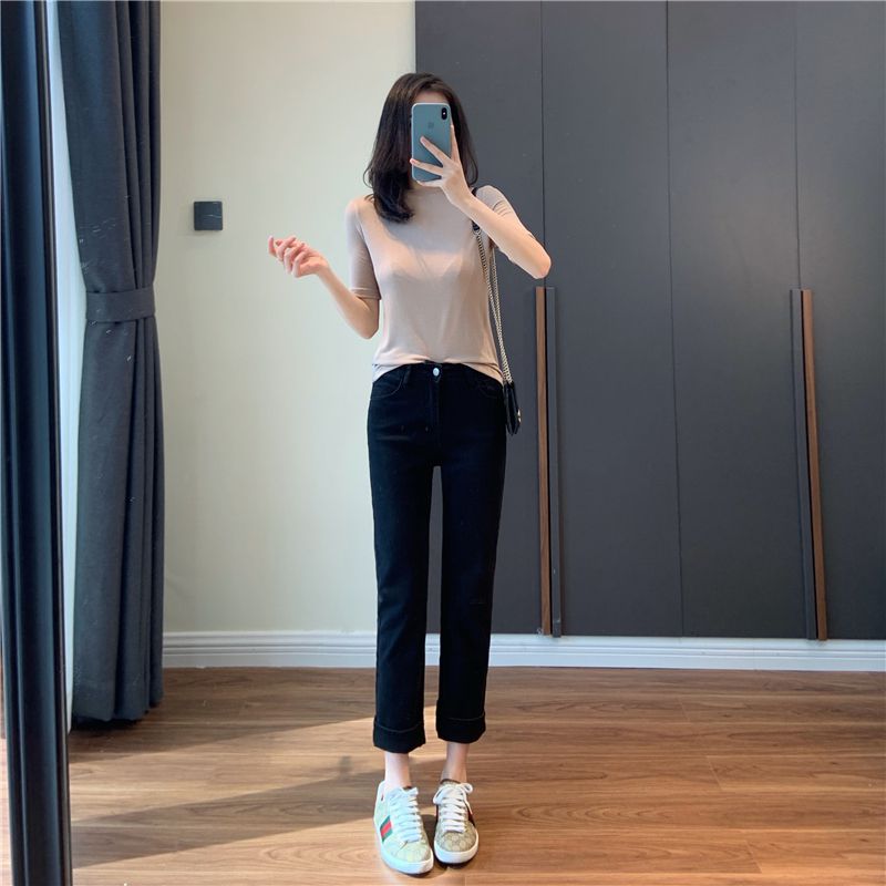 牛仔裤女中腰筷子腿超弹烟管裤直筒薄款软牛仔裤九分裤女春夏黑色xs