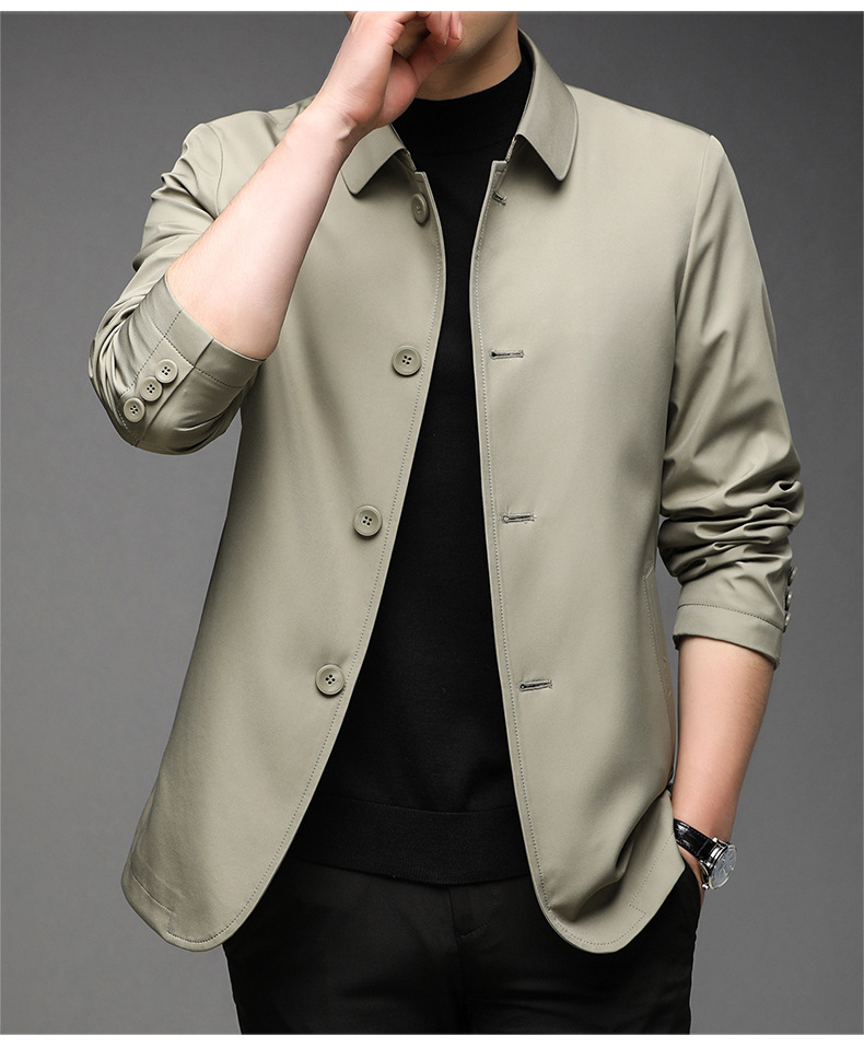 奢侈品牌男装新款男式夹克春秋休闲纯色外套翻领薄款扣子衫商务爸爸装