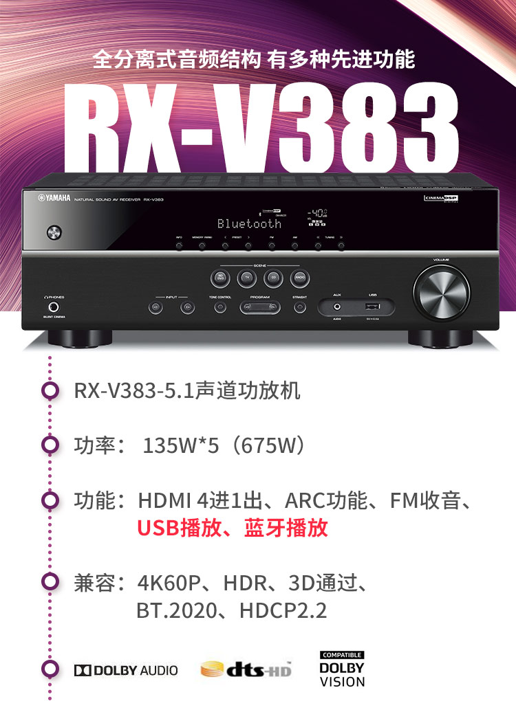 琦莎天逸(winner)同款现货yamaha/雅马哈 rx-v383 283家用影院数字5.