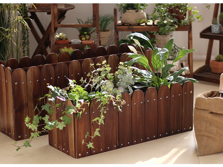 菜园围栏栅栏花槽长方形防腐木多肉花盆种菜盆围栏碳化实木阳台花架