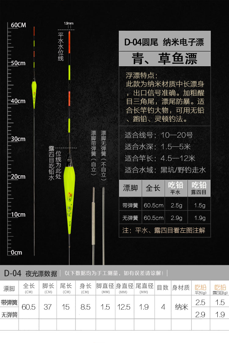 无铅自立电子漂大物鱼漂夜光跑飞铅日夜两用黑坑防暴加粗青鱼浮漂d06