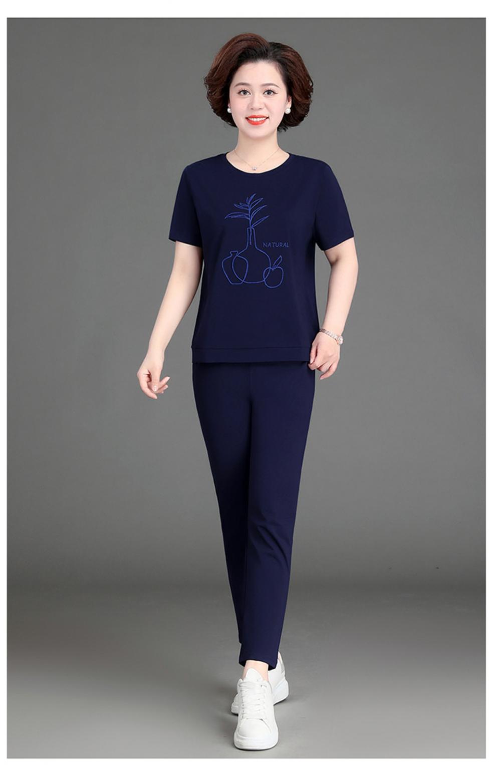 中老年休闲运动服套装女夏装2022新款中年妈妈夏季短袖t恤两件套蓝色