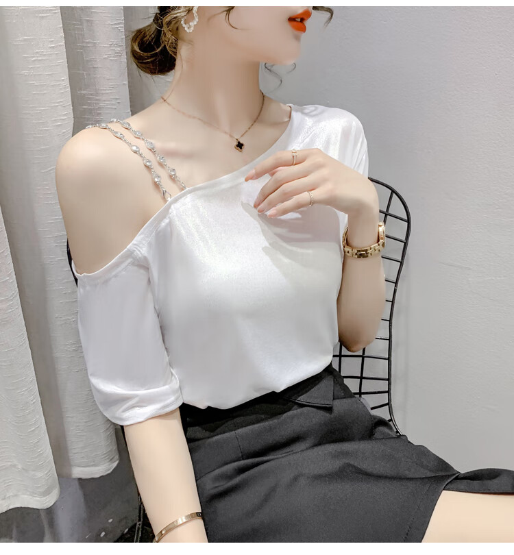 一字肩性感雪纺吊带上衣露肩膀的短袖女款夏季斜领漏锁骨中袖衫t恤
