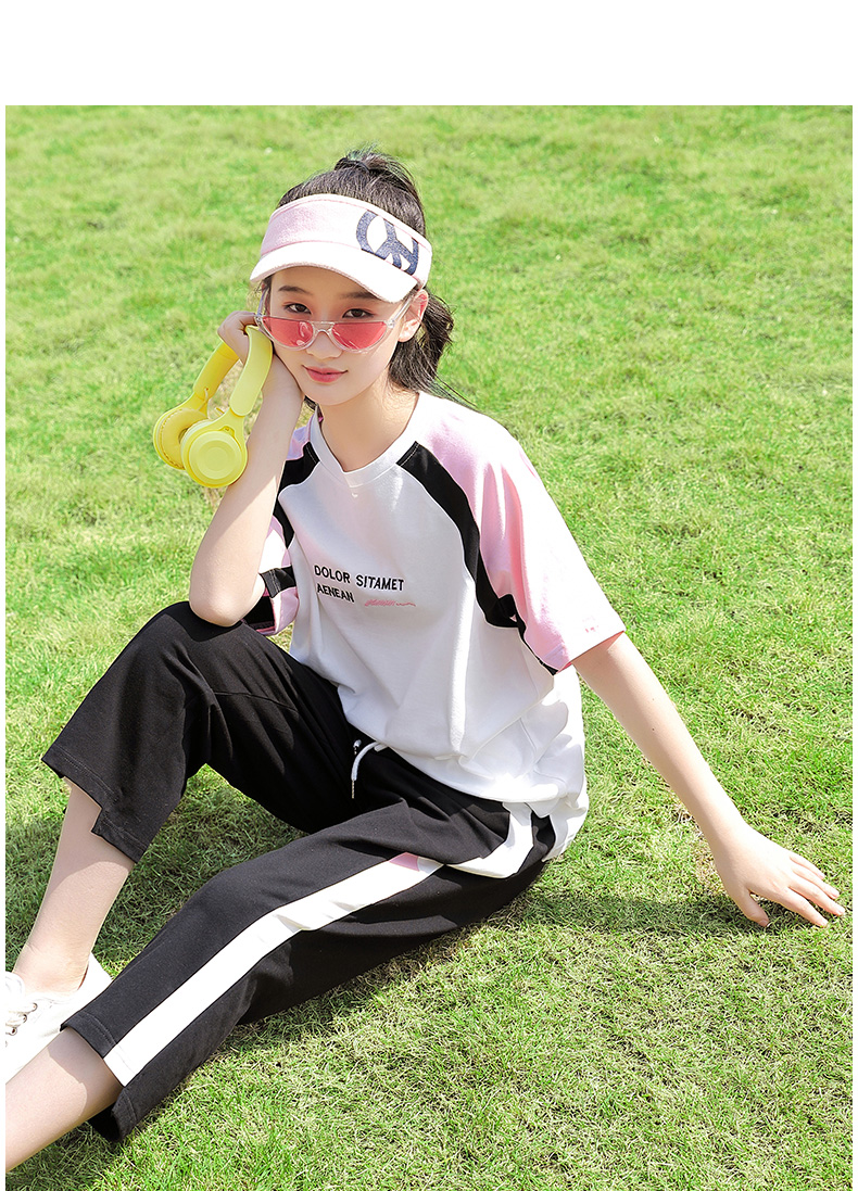 mzploi初中生夏装女套装少女中学生2022夏季七分裤两高中生休闲上衣
