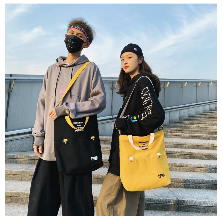 日系原宿大容量帆布包女单肩ins简约文艺学生布袋韩版斜挎包男潮 黄色