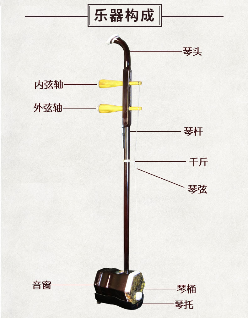 苏州二胡乐器成人儿童通用初学者入门练习考级机械轴二胡 红花梨木铜