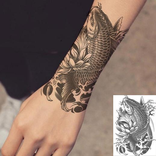 蔓苪纹身贴洗不掉不反光发财锦鲤花臂花腿纹身贴鲤鱼黑鱼防水纹身贴纸