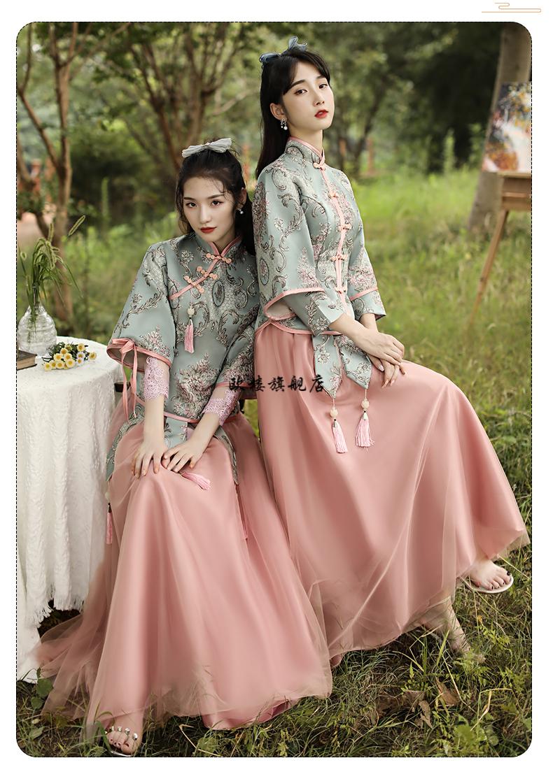 闺蜜姐妹团伴娘礼服中式古装平时可穿新款中国风大码胖mm女秋显瘦婚礼