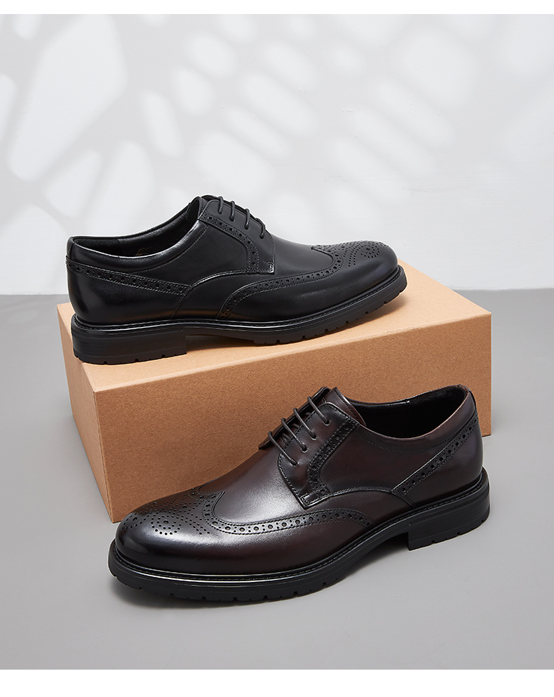 皮尔卡丹男鞋布洛克雕花宽大型胖脚商务正装超耐穿耐磨办公皮鞋男黑色