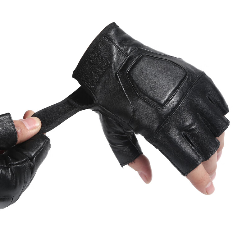 皮半指手套男冬季绵羊皮骑行运动半截露指防滑耐磨 四条真皮款【图片