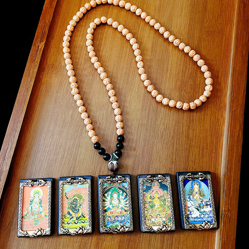 紫光檀佛牌唐卡项链金刚子八大守护神转运珠项链平安护身符吊坠男 武